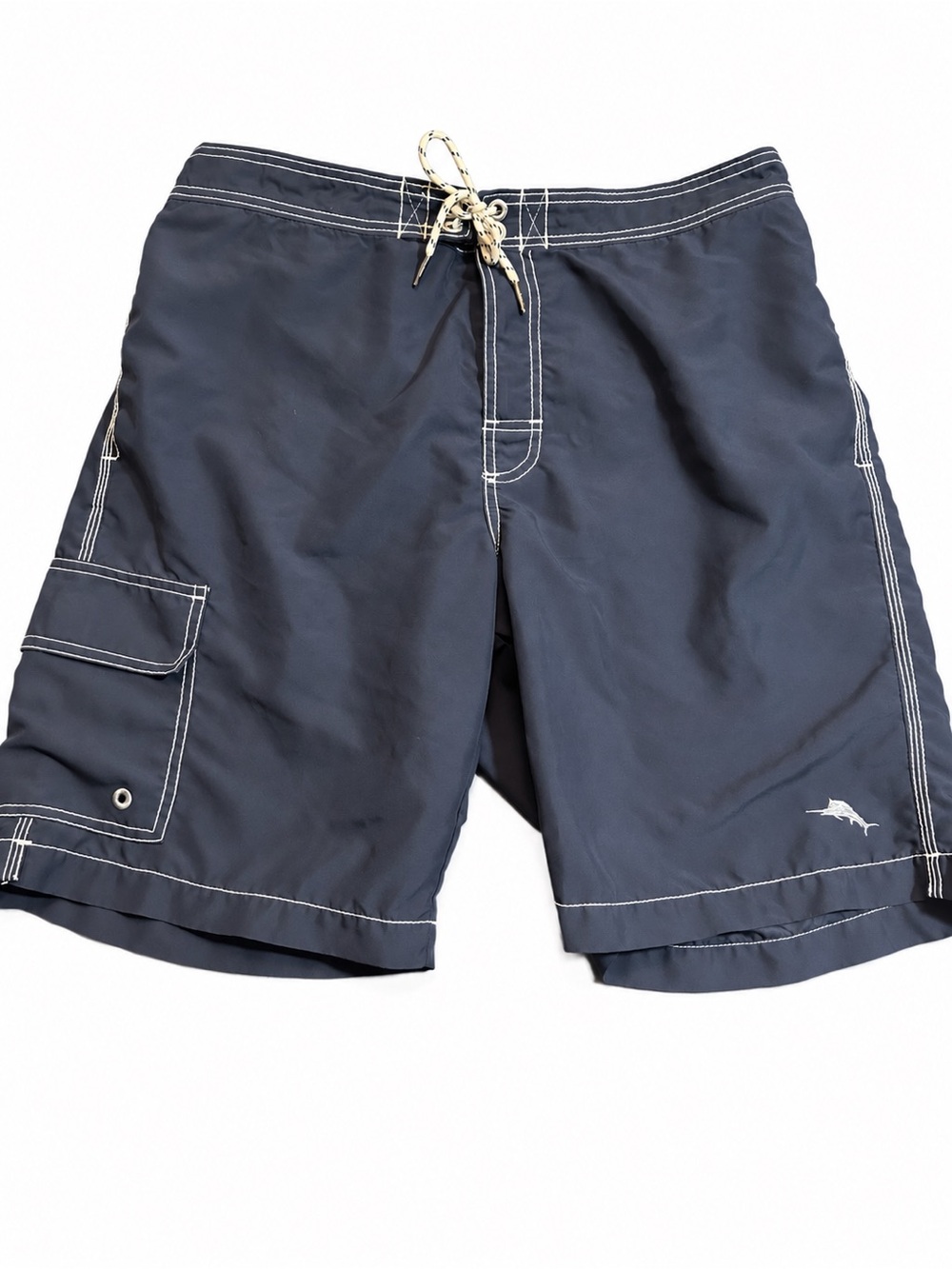 Tommy Bahama Men’s Large Navy Board Shorts Marlin Logo Cargo Pocket Mesh Lined